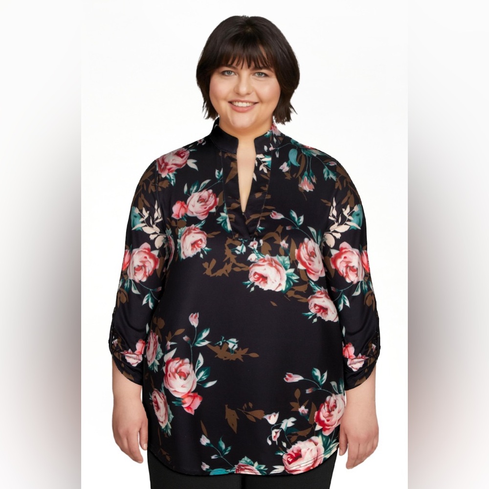 Plus Size 3/4 Sleeve Shirts for Women Floral Print V Neck Blouses Tunic Top